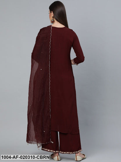 Coffee Brown Embroidered Straight Kurta Plazzo & Scalloped Dupatta