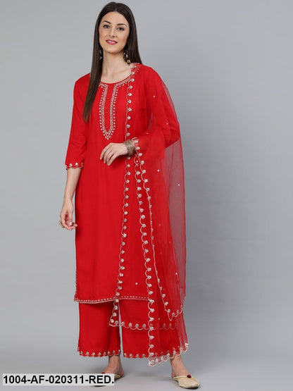 Red Embroidered Straight Kurta Plazzo & Scalloped Dupatta