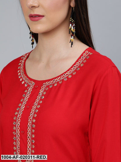 Red Embroidered Straight Kurta Plazzo & Scalloped Dupatta