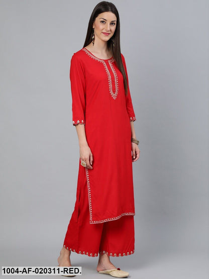 Red Embroidered Straight Kurta Plazzo & Scalloped Dupatta