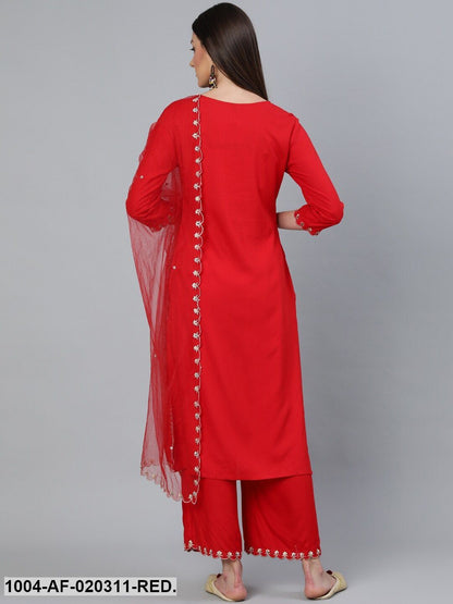 Red Embroidered Straight Kurta Plazzo & Scalloped Dupatta