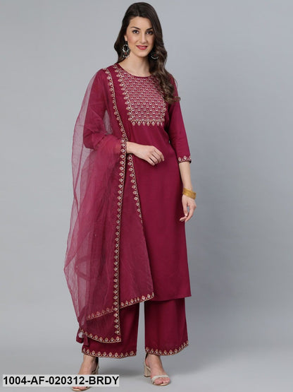 Burgundy Embroidered Straight Kurta Palazo & Net Dupatta