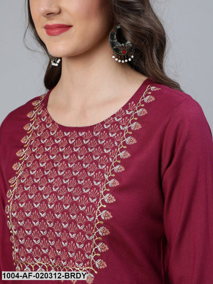 Burgundy Embroidered Straight Kurta Palazo & Net Dupatta