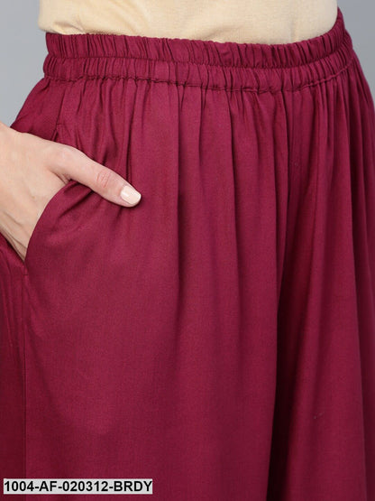 Burgundy Embroidered Straight Kurta Palazo & Net Dupatta