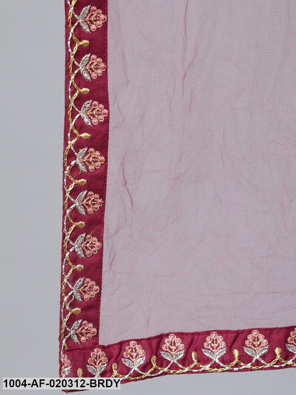 Burgundy Embroidered Straight Kurta Palazo & Net Dupatta
