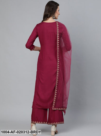 Burgundy Embroidered Straight Kurta Palazo & Net Dupatta