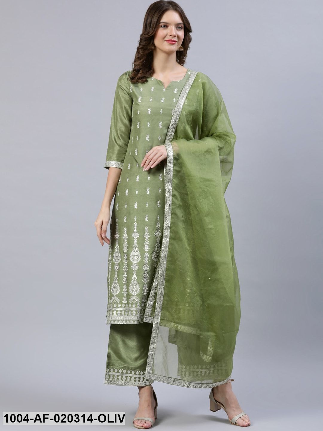 Olive Green & Silver Foil Printed Kurta With Palazzo & Organza Dupatta