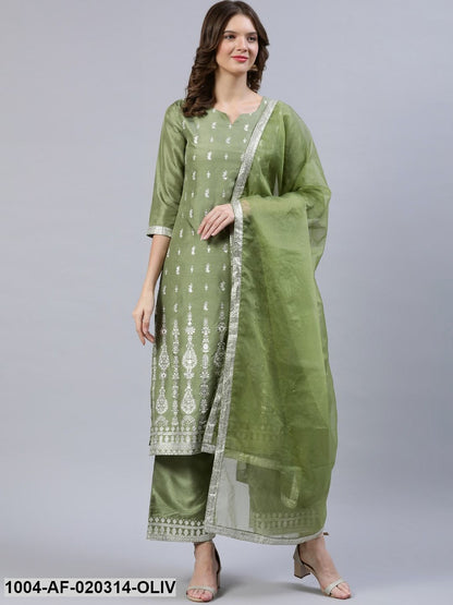 Olive Green & Silver Foil Printed Kurta With Palazzo & Organza Dupatta