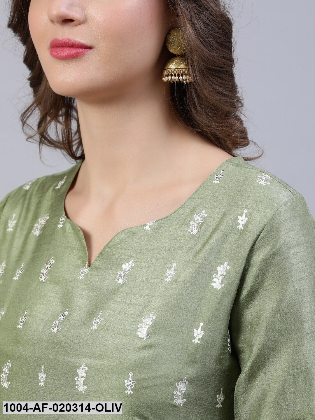 Olive Green & Silver Foil Printed Kurta With Palazzo & Organza Dupatta