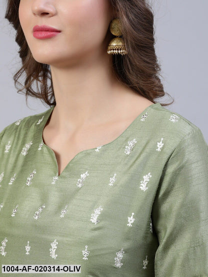 Olive Green & Silver Foil Printed Kurta With Palazzo & Organza Dupatta