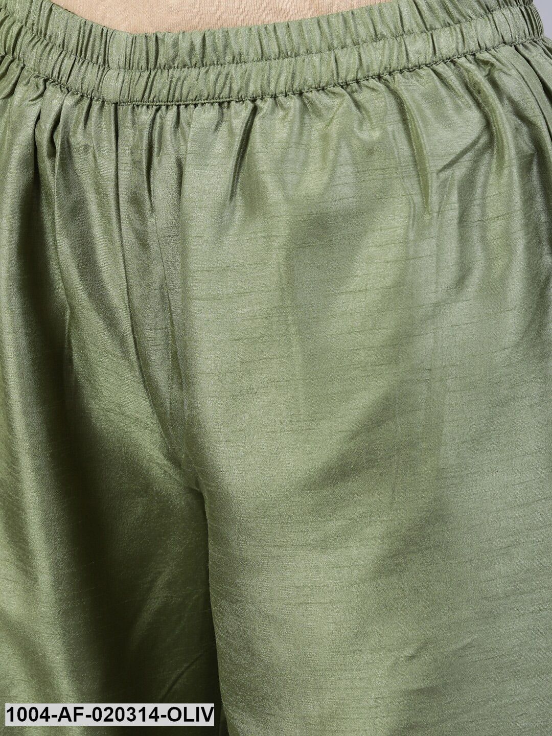 Olive Green & Silver Foil Printed Kurta With Palazzo & Organza Dupatta
