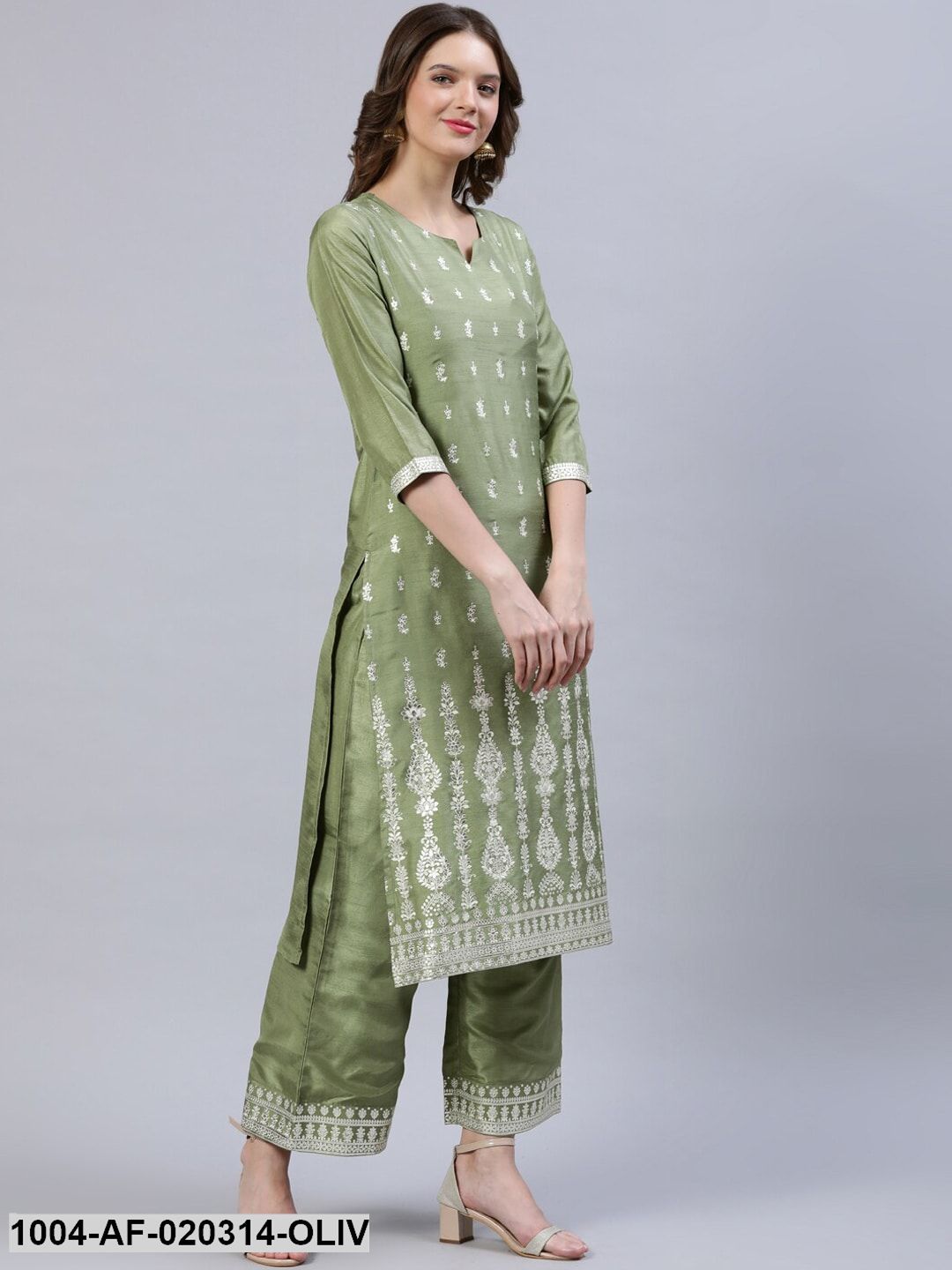 Olive Green & Silver Foil Printed Kurta With Palazzo & Organza Dupatta