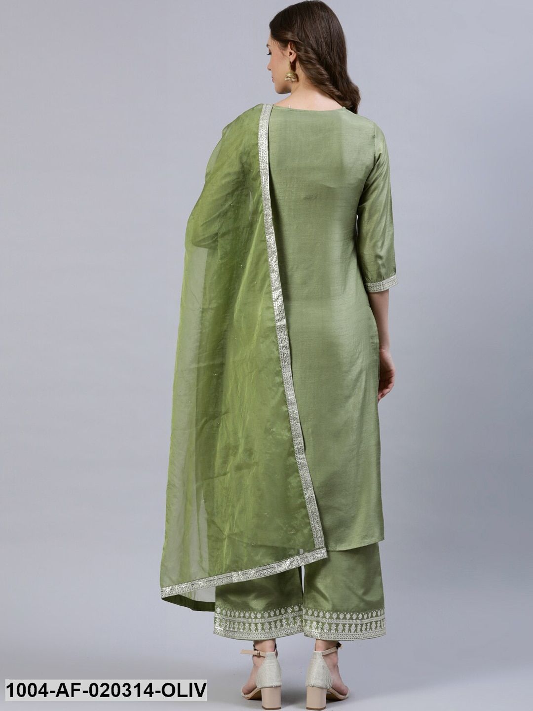 Olive Green & Silver Foil Printed Kurta With Palazzo & Organza Dupatta