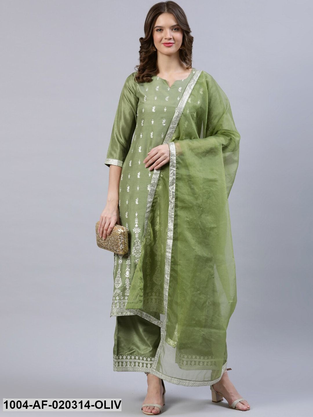 Olive Green & Silver Foil Printed Kurta With Palazzo & Organza Dupatta