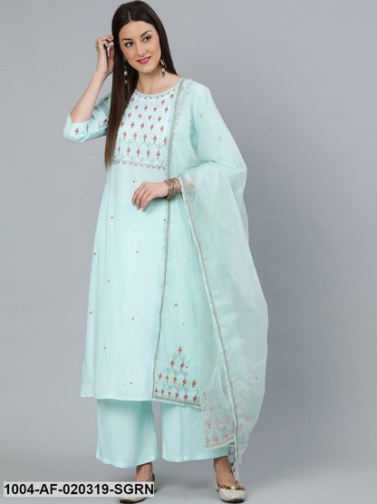 Sea Green Straight Embroidered Kurta With Plazzo & Dupatta