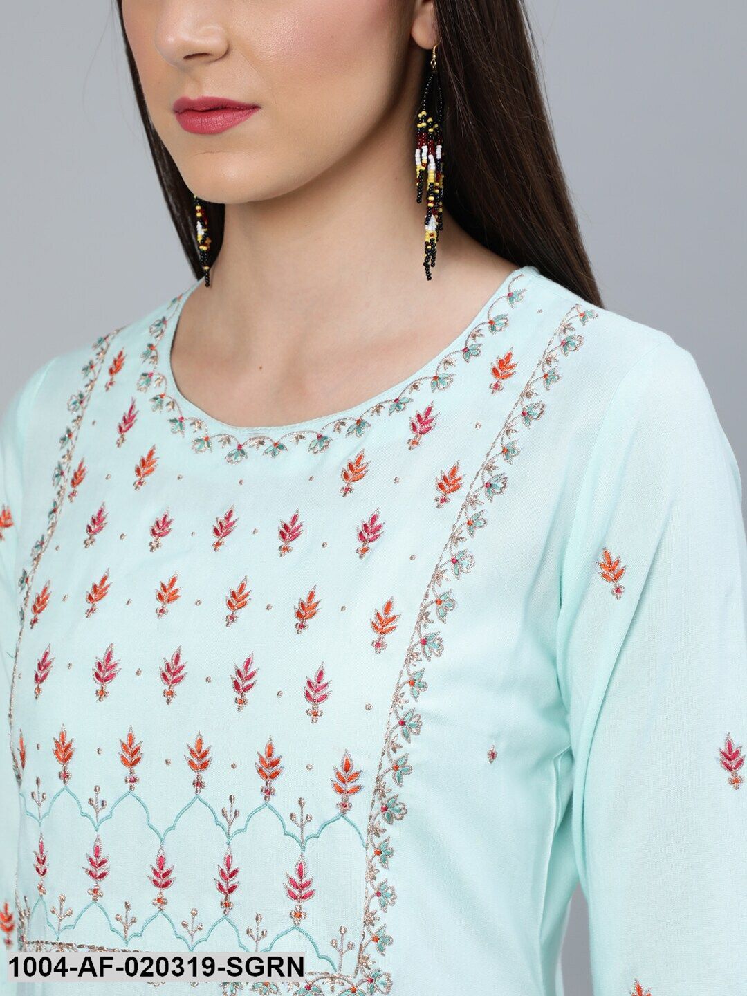 Sea Green Straight Embroidered Kurta With Plazzo & Dupatta