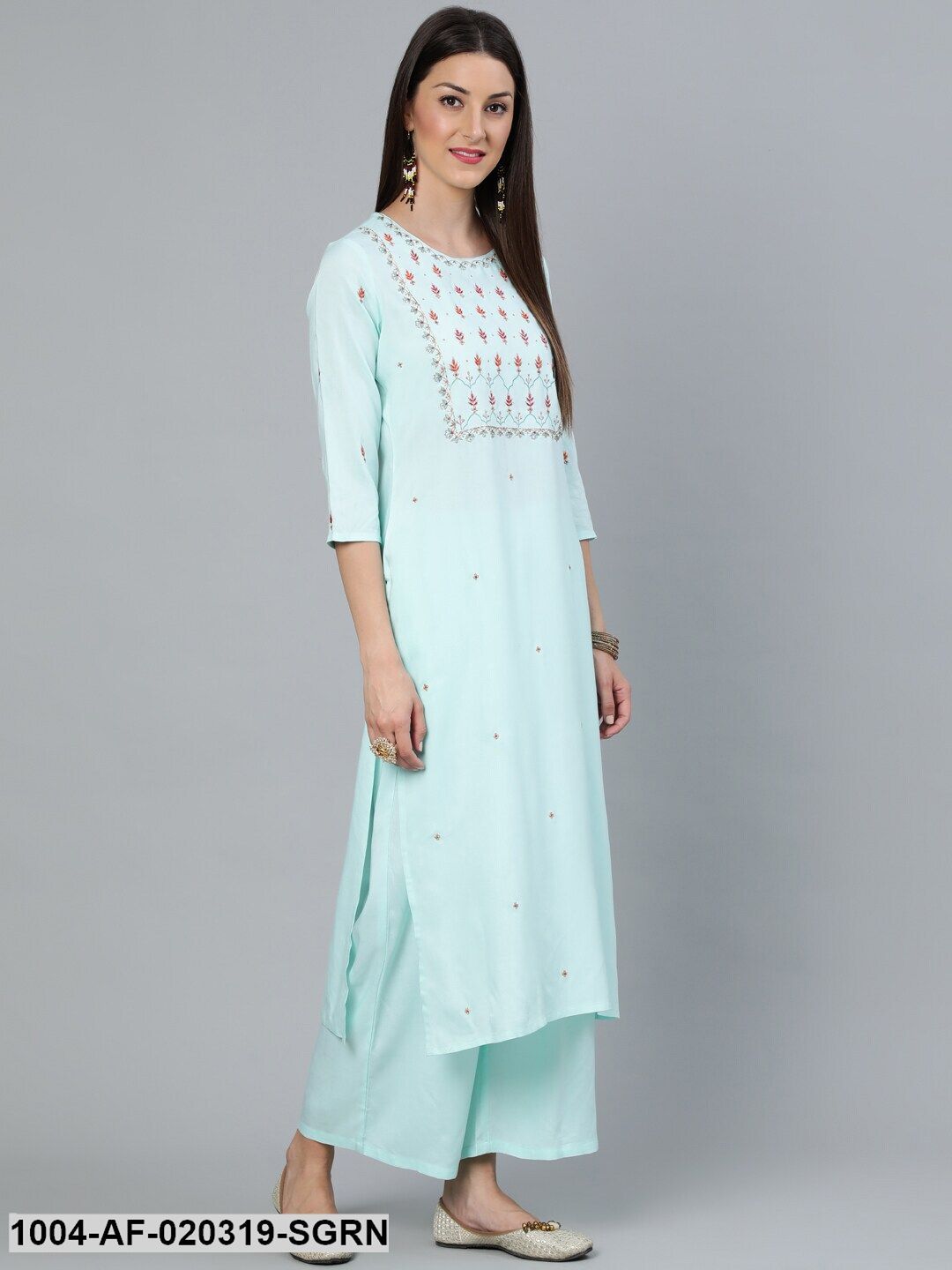 Sea Green Straight Embroidered Kurta With Plazzo & Dupatta