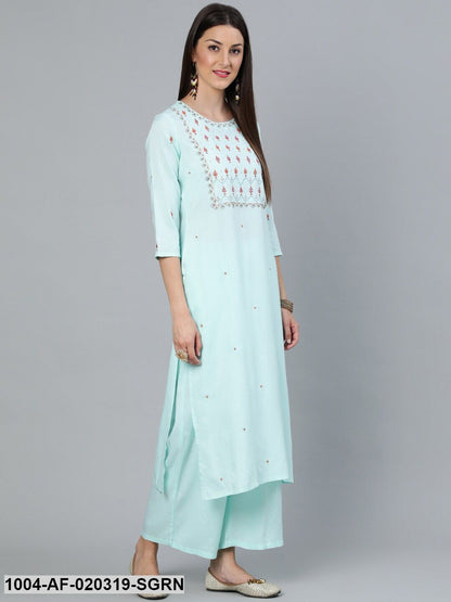 Sea Green Straight Embroidered Kurta With Plazzo & Dupatta