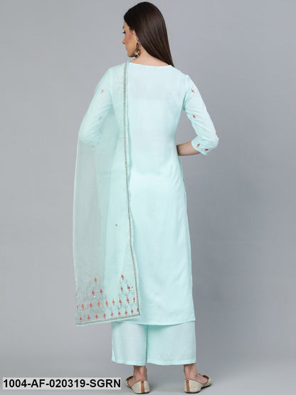 Sea Green Straight Embroidered Kurta With Plazzo & Dupatta
