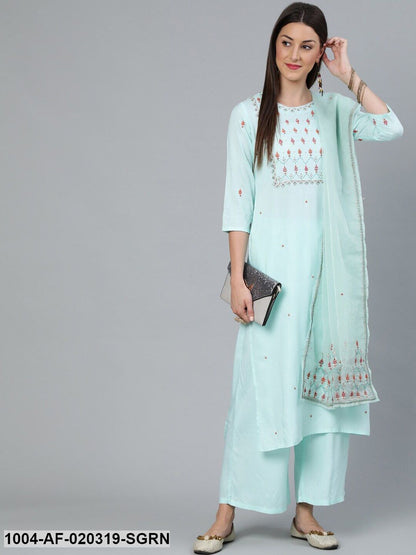 Sea Green Straight Embroidered Kurta With Plazzo & Dupatta