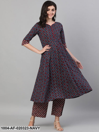 Navy Blue Printed Kurti with Trousers