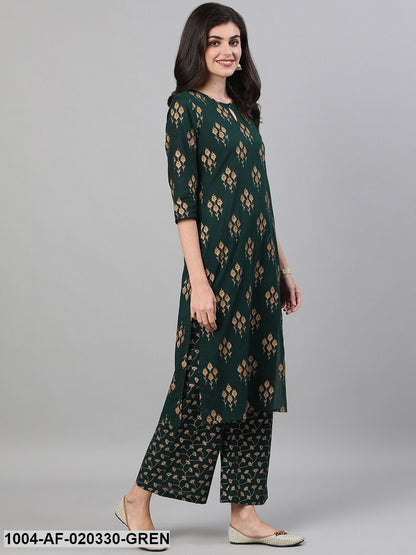Green Printed Kurta with Trousers & Dupatta
