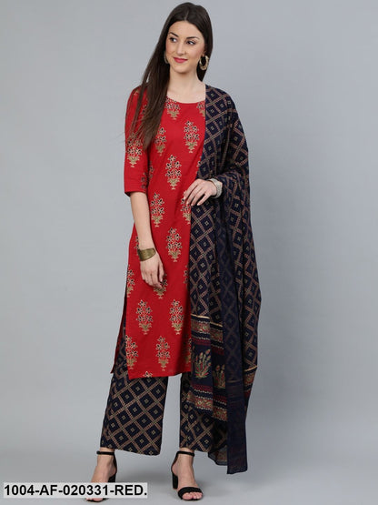 Red Gold Printed Straight Kurta With Palazzo & Dupatta