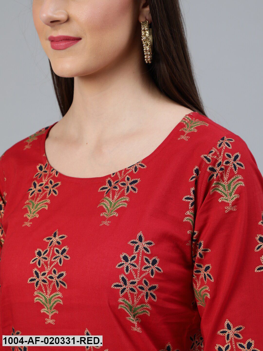 Red Gold Printed Straight Kurta With Palazzo & Dupatta