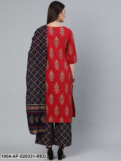 Red Gold Printed Straight Kurta With Palazzo & Dupatta