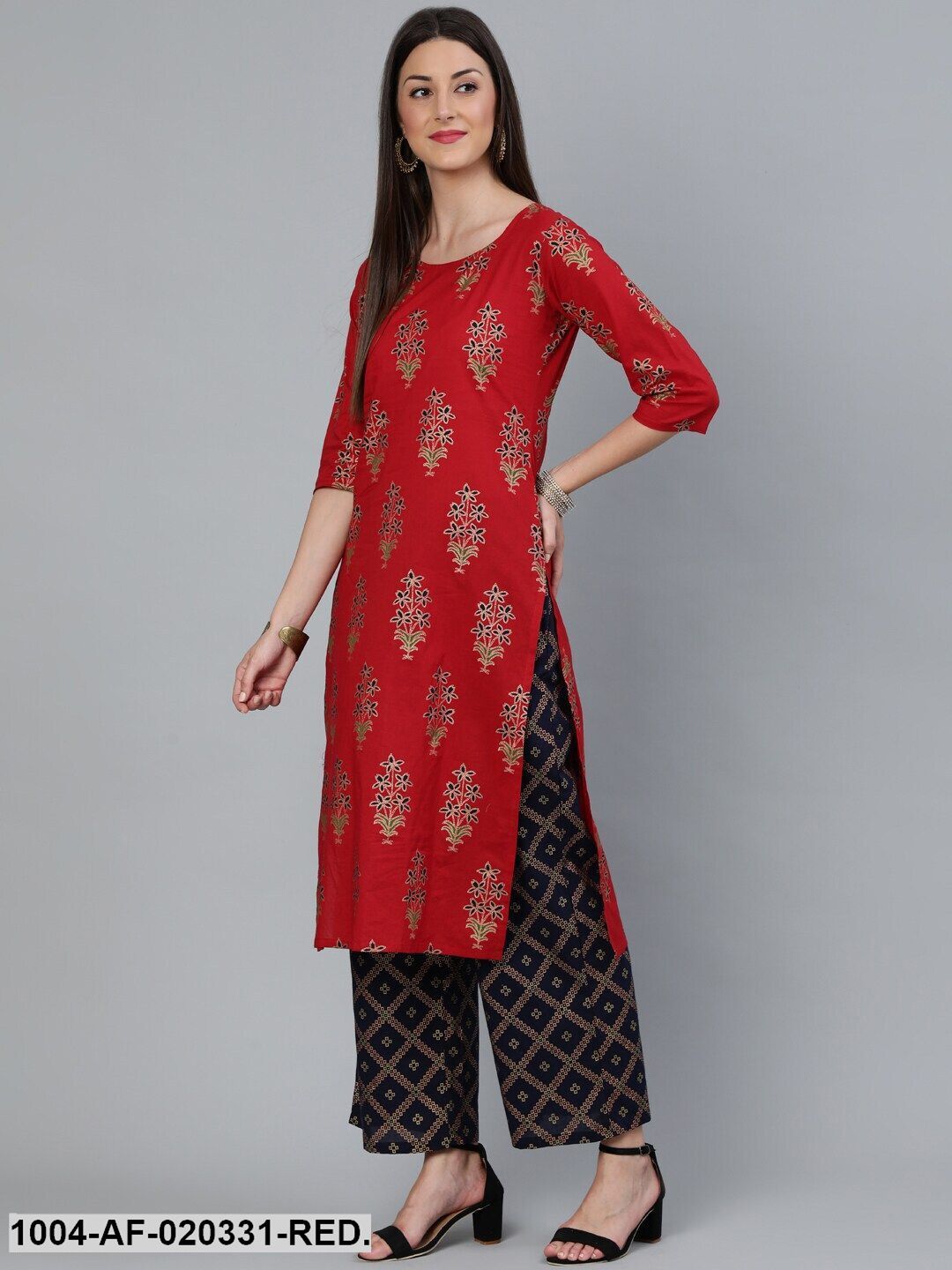 Red Gold Printed Straight Kurta With Palazzo & Dupatta