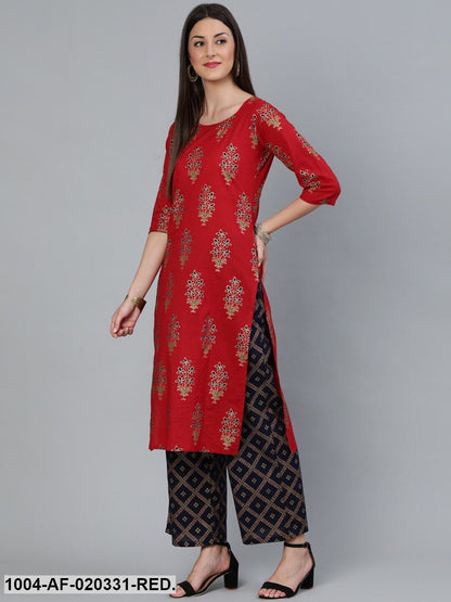 Red Gold Printed Straight Kurta With Palazzo & Dupatta