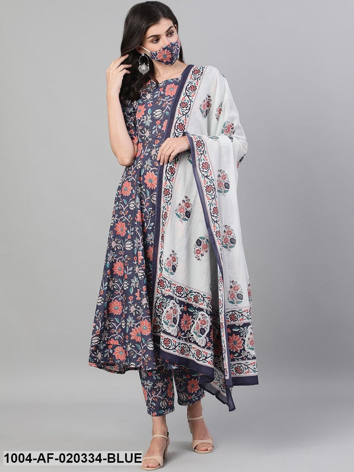 Blue Floral Printed Kurta with Trousers &amp; Dupatta