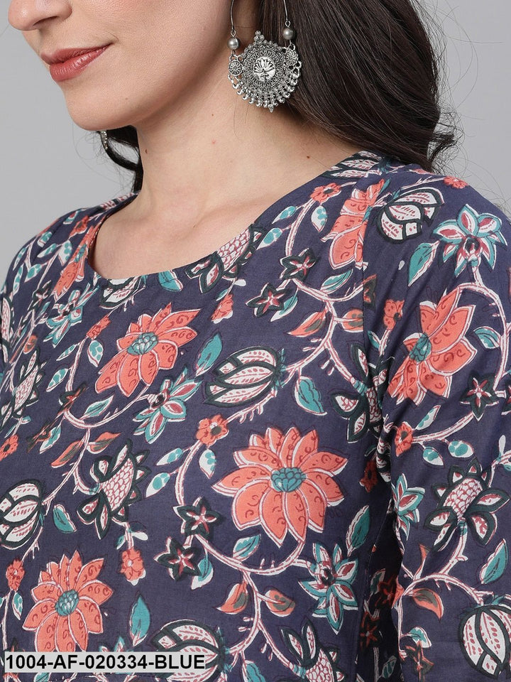 Blue Floral Printed Kurta with Trousers &amp; Dupatta