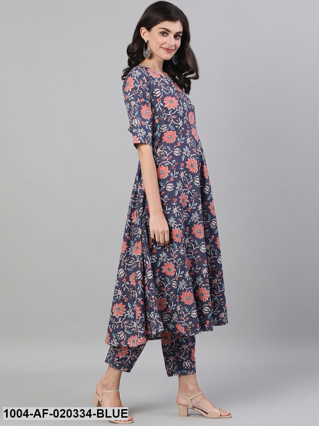 Blue Floral Printed Kurta with Trousers &amp; Dupatta