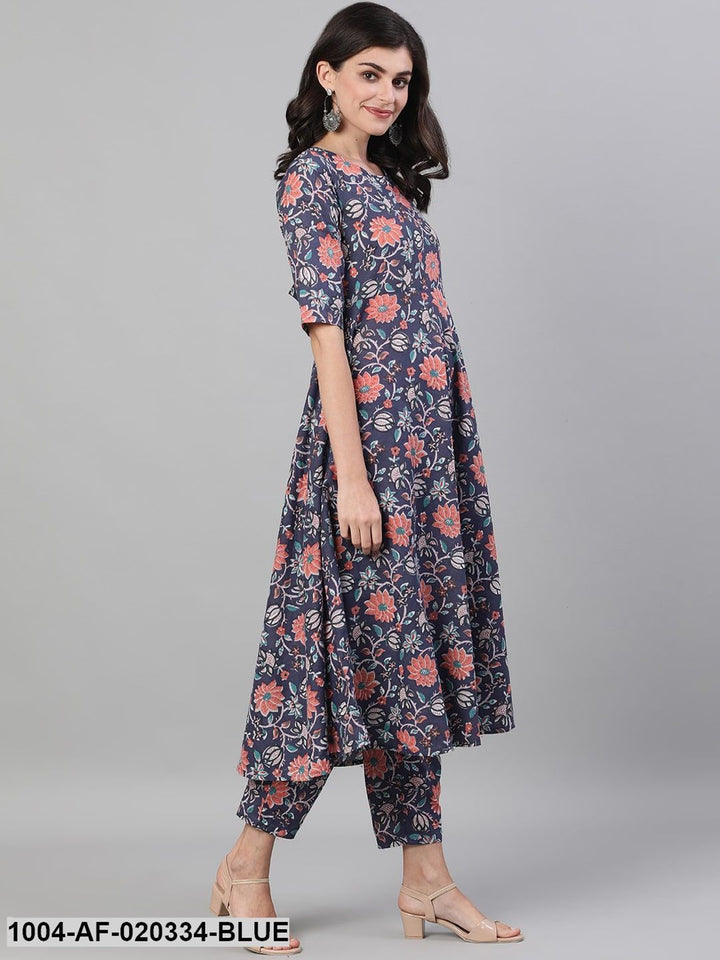 Blue Floral Printed Kurta with Trousers &amp; Dupatta
