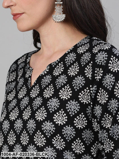 Black  Off-White Printed Kurta with Trousers