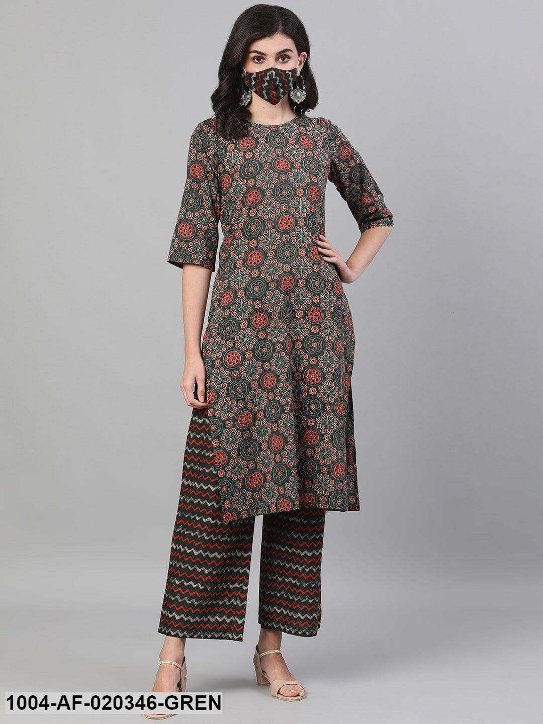 Green  Red Printed Kurta with Palazzos