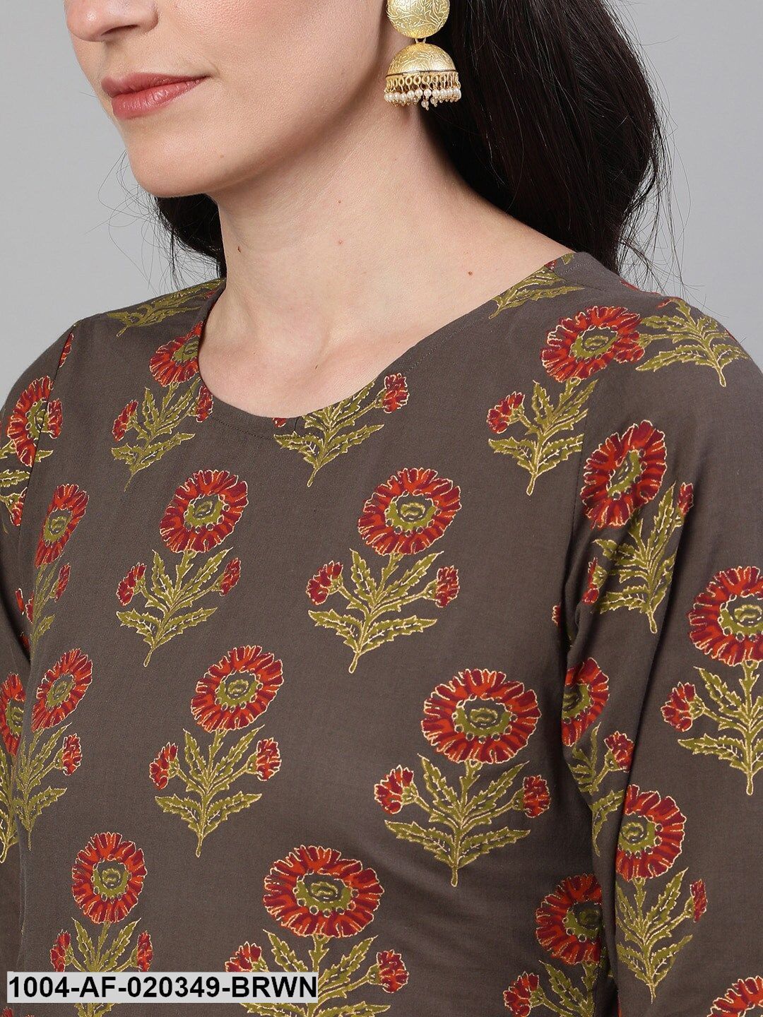 Brown Printed Kurti with Palazzos & Dupatta
