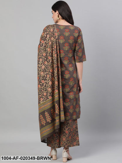 Brown Printed Kurti with Palazzos & Dupatta