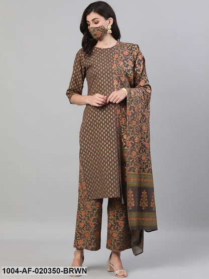 Brown Printed Kurta with Palazzos & Dupatta