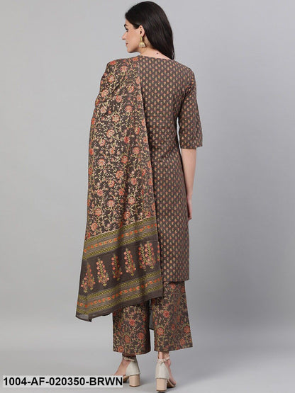 Brown Printed Kurta with Palazzos & Dupatta