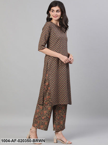 Brown Printed Kurta with Palazzos & Dupatta