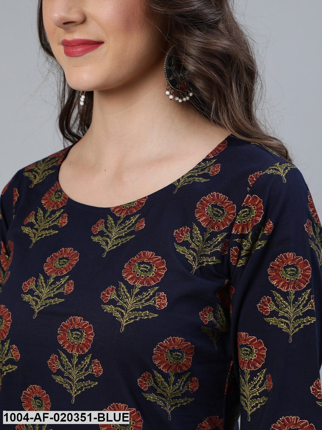 Blue Floral Pure Cotton Kurta with Trousers &amp; With Dupatta