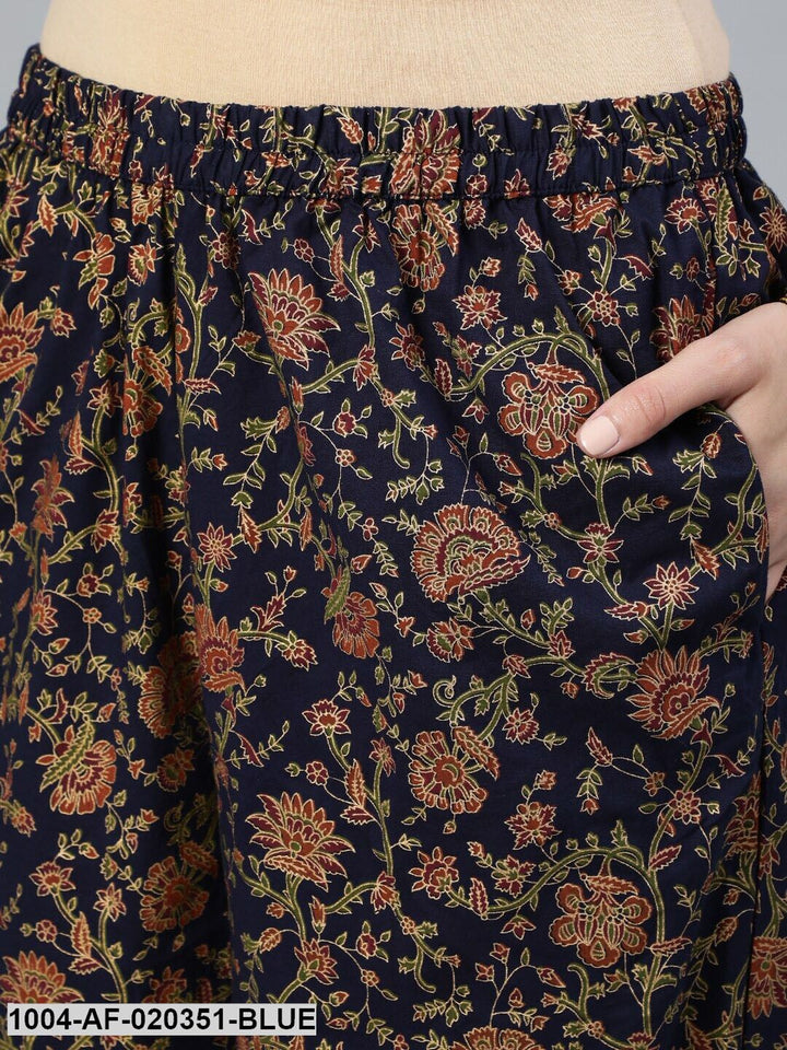 Blue Floral Pure Cotton Kurta with Trousers &amp; With Dupatta