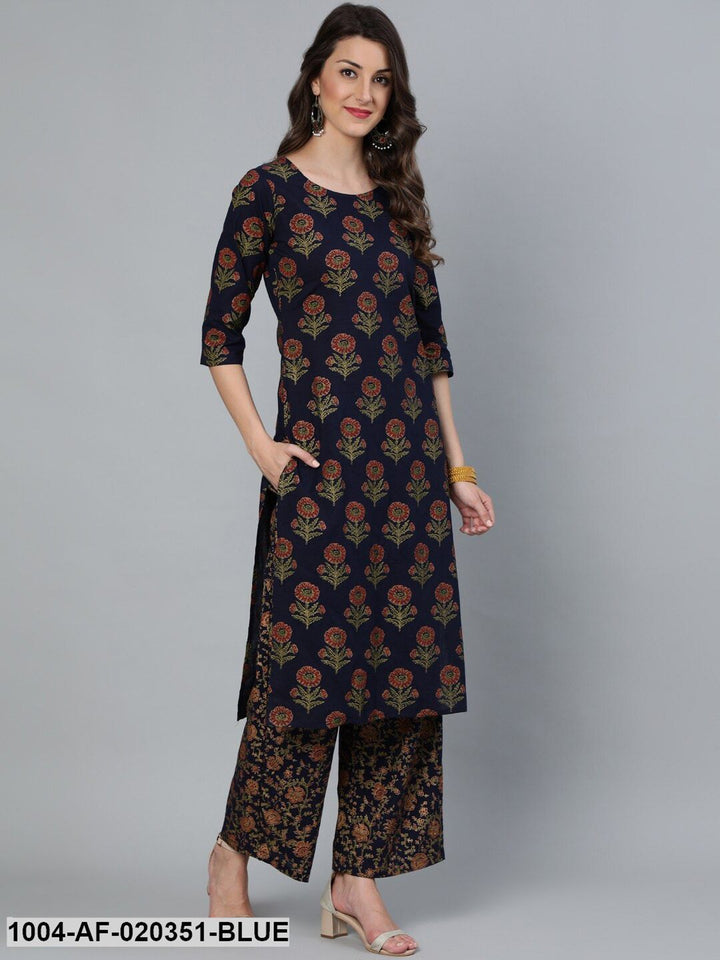 Blue Floral Pure Cotton Kurta with Trousers &amp; With Dupatta