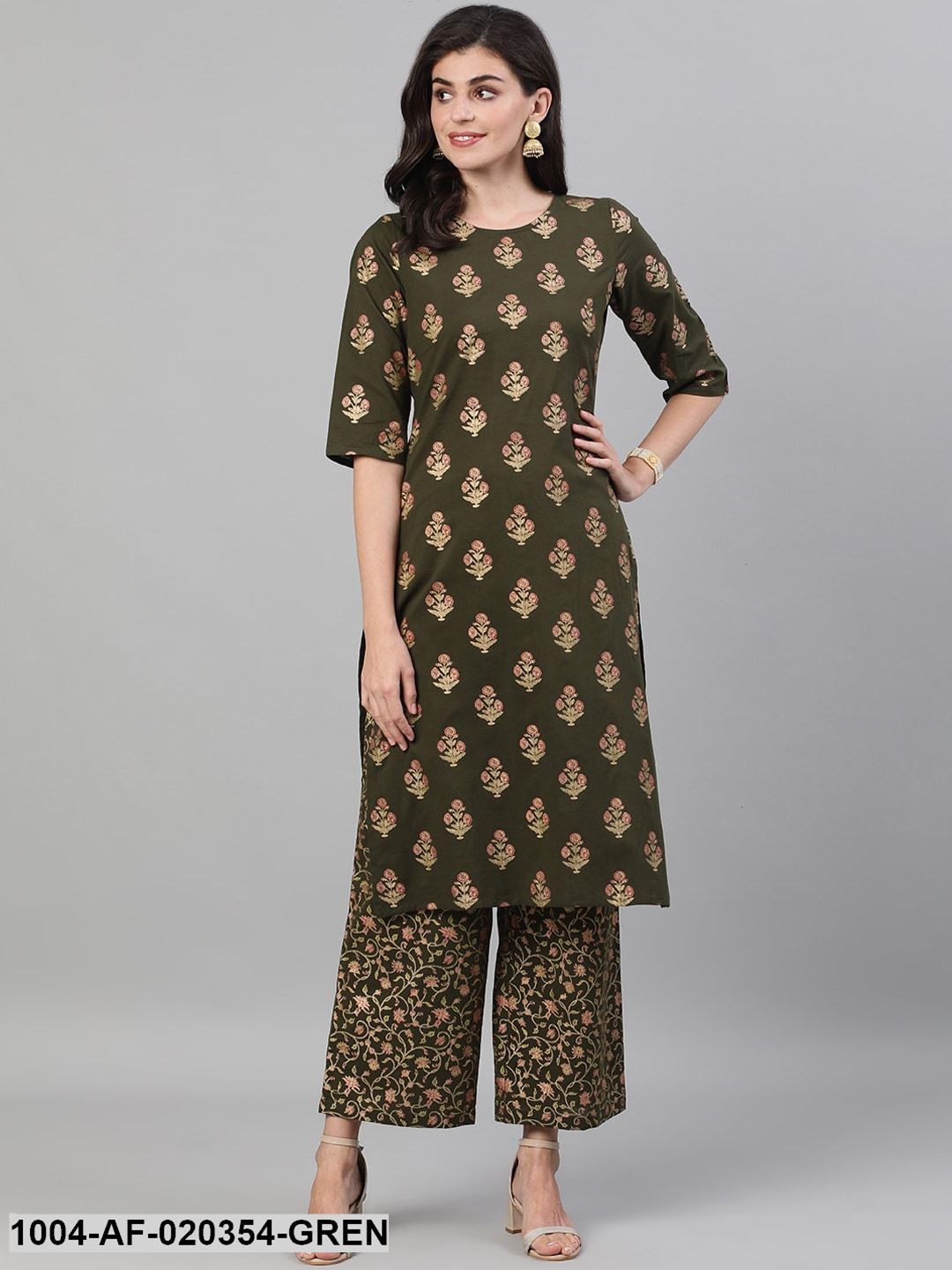 Green  Gold-Toned Printed Kurta and Palazzos