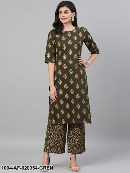 Green  Gold-Toned Printed Kurta and Palazzos