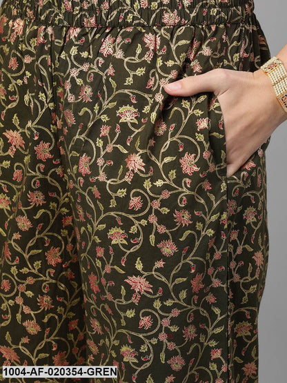 Green  Gold-Toned Printed Kurta and Palazzos