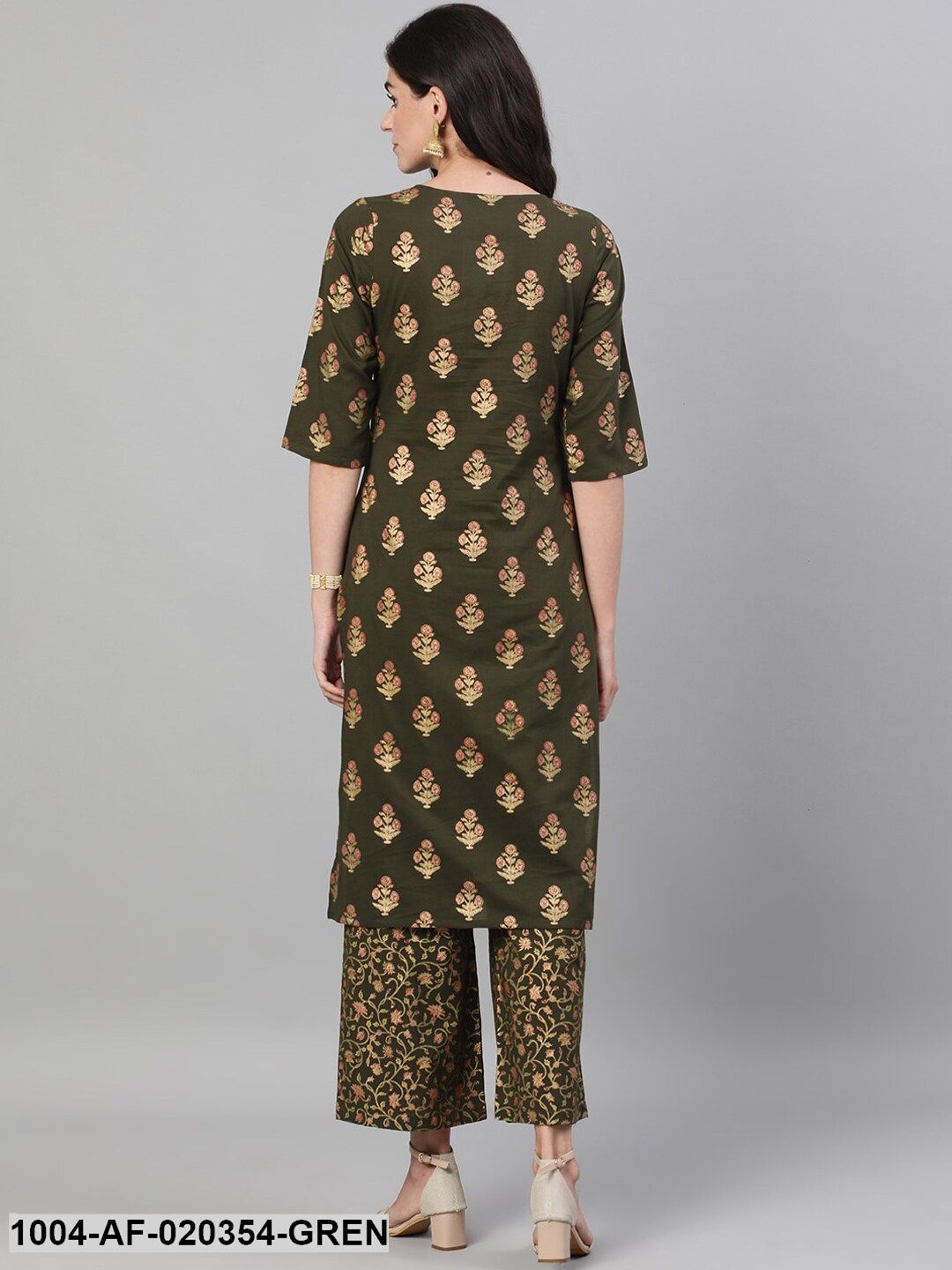 Green  Gold-Toned Printed Kurta and Palazzos