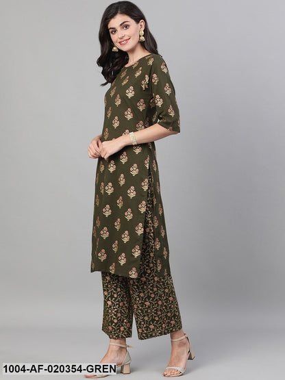 Green  Gold-Toned Printed Kurta and Palazzos